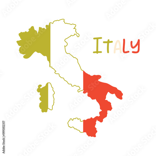 Italian map filled with flag colors. Famous touristic country in europe cartoon vector illustration