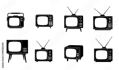 Minimal Black Silhouette Retro Television Set Vector Icons with Antique TV Designs