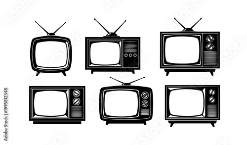 Retro Vintage Television Silhouette Collection with Classic CRT TV Shapes Isolated on White Background