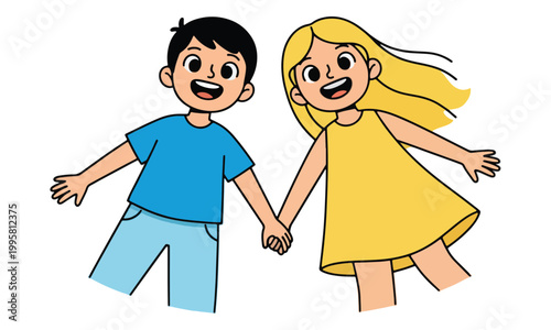 Cartoon Boy and Girl Holding Hands Smiling on White Background