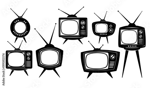 Classic Old Television Black Silhouette Vector Set with Retro Broadcast Screen Designs