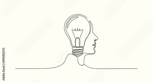 Minimalist Continuous Line Drawing of Human Profile with Light Bulb Representing a Creative Idea.