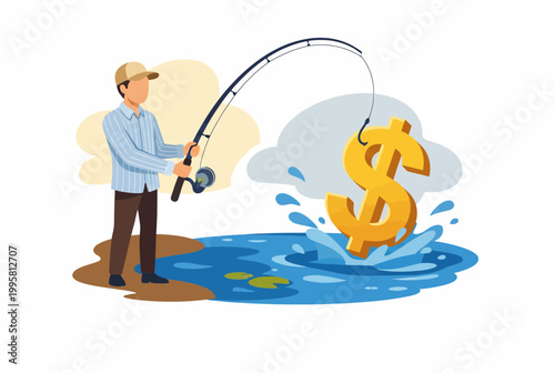 Businessman Fishing Golden Dollar Sign From Pond Illustration
