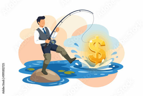 Businessman Fishing for a Large Golden Dollar Sign Metaphor