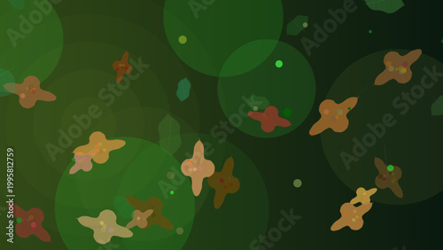 Abstract green background with floating organic shapes and circles