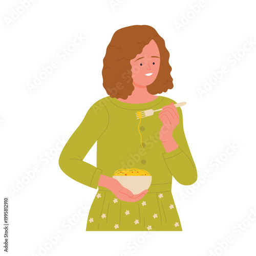 Woman eating italian pasta. Traditional italy food, italian cuisine cartoon vector illustration