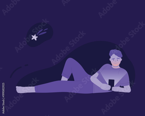 Sleepless boy lying awake in bed. Bad night habit of using smartphone cartoon vector illustration