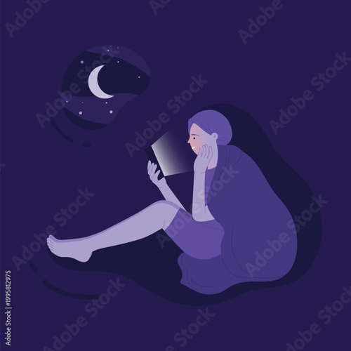 Sleepless teenager suffering from insomnia. Bad night habit of using smartphone cartoon vector illustration