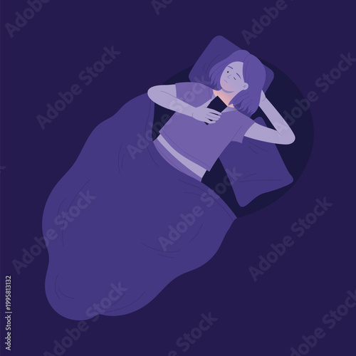 Girl lying in bed and using smartphone. Insomnia problem, sleeping disorder cartoon vector illustration