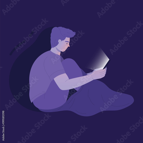 Boy suffering from insomnia. Sleeping problem, bad habit of using all night smartphone cartoon vector illustration