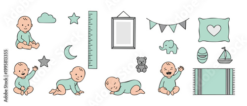 Baby nursery vector icon set, cute infant illustrations with growth chart, toys, decor, and accessories for baby shower invitations, childhood development, newborn room design, and nursery decoration
