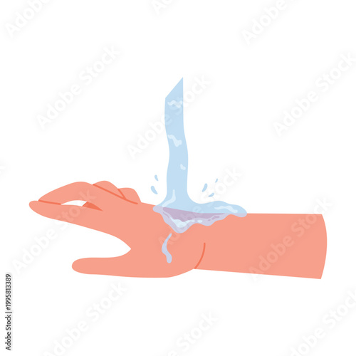 Injured hand under running water. First aid for body wound cartoon vector illustration