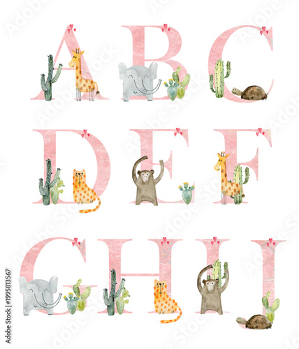 Photography Vector watercolor safari animals letters for invitation card, nursery poster and other