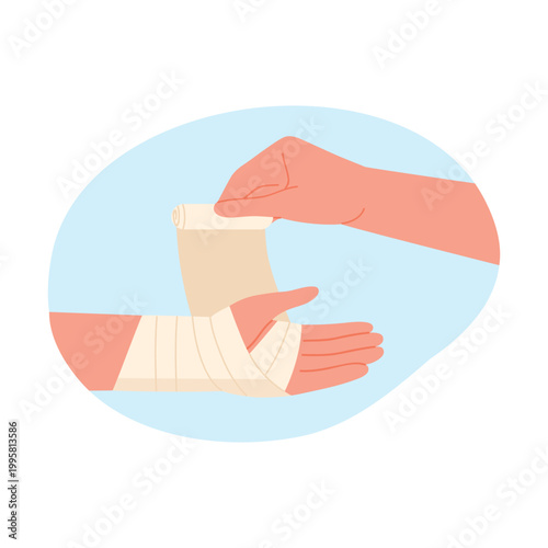 Putting medical bandage on hand. First aid measure for broken hand cartoon vector illustration