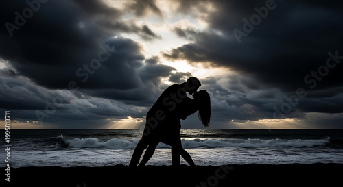 silhouette of a couple  man and women photoshoot on the beach