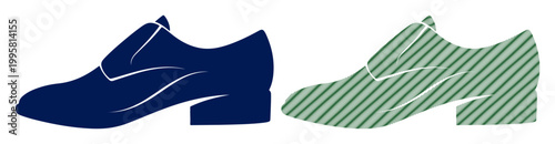 Two stylish dress shoes, one solid navy and one patterned green, displayed side-by-side.