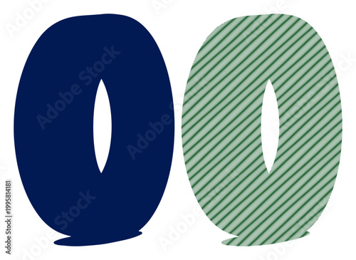 Two stylized numbers zero in contrasting navy blue and green striped patterns