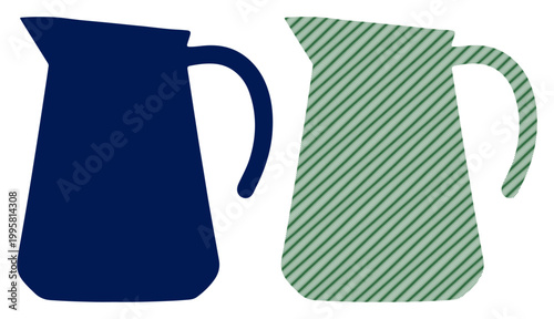 Two modern pitchers, one solid blue and one striped green, standing side-by-side on a white background.