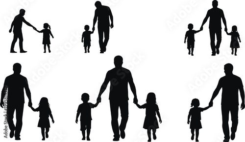 Father and Children Silhouette Set for Father's Day Walking Together