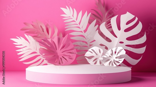 Pink podium with paper cut tropical leaves