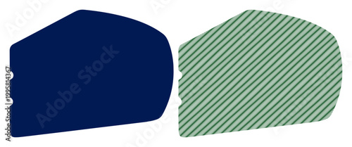Two abstract shapes, one solid navy blue, the other light green with diagonal stripes