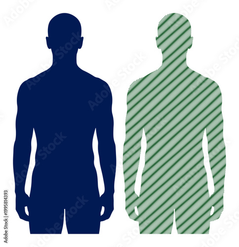 Two human silhouettes, one solid dark blue and the other with a striped pattern, representing diversity and individuality.