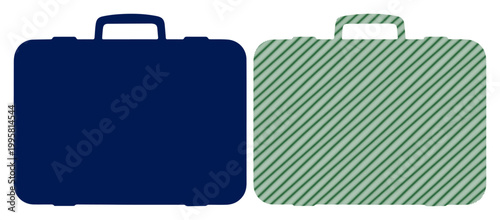 Two briefcases, one solid blue and one striped green, side by side on a white background.