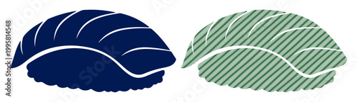 Stylized sushi icons, one solid blue, one green striped, on white background