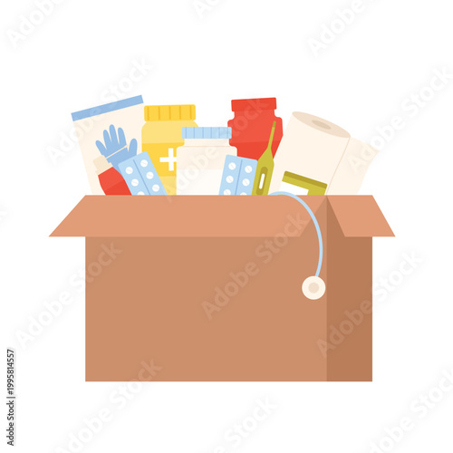 Humanitarian medicine box help. Charity donation pharmacy drugs, medical aid cartoon vector illustration