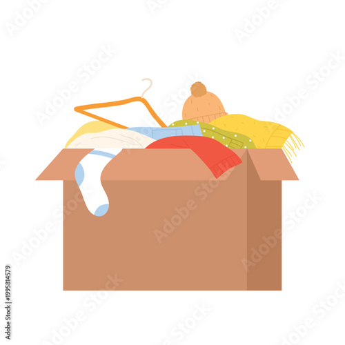 Humanitarian clothes box help. Charity donation, humanitarian support aid cartoon vector illustration