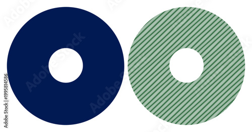 Two abstract circles, one solid navy blue, the other green striped, representing connection or contrast.