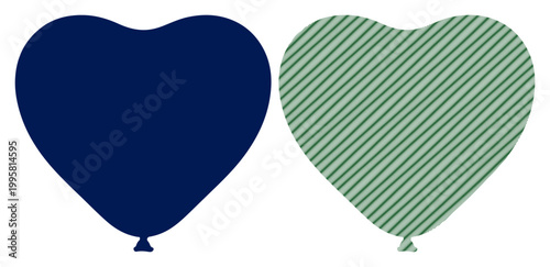 Two heart shaped balloons, one solid navy blue and one light green with diagonal stripes, floating against a white background.