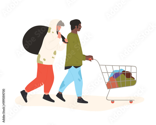 Homeless people walking with cart. Street beggars in dirty clothes cartoon vector illustration