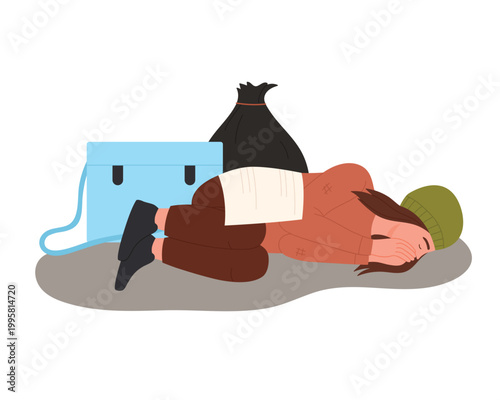 Homeless woman sleeping on street. Poor beggar feeling cold temperature cartoon vector illustration