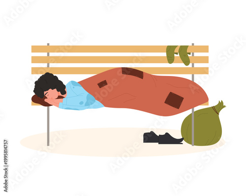 Homeless man sleeping on street bench. Unemployed poor people cartoon vector illustration
