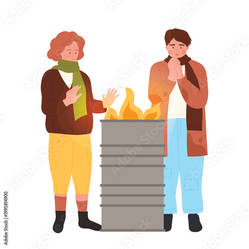 Homeless people warming near the burning trash bin. Poor unemployed people cartoon vector illustration