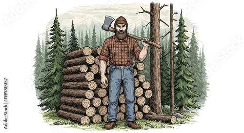 Lumberjack illustration with stacked logs and axe in forest