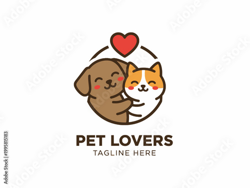 Dog and Cat Hugging Logo Illustration with Heart Symbol