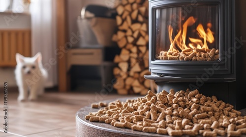 Cozy room with pellet stove and white cat