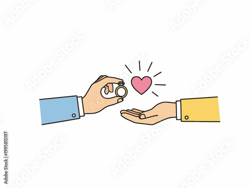 Marriage Proposal Illustration with Diamond Ring and Pink Heart