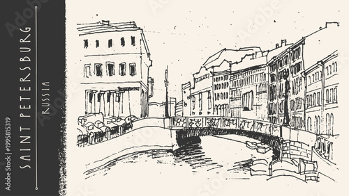 Saint Petersburg Russia sketch postcard. Moyka river bridge in St. Petersburg. Embankment, old houses architecture, cityscape view. Vintage hand drawn vector line art. Romantic summer white nights bg