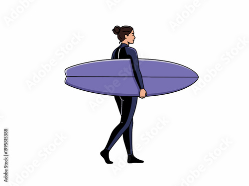 Female surfer walking with purple surfboard on white background