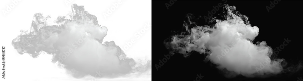 Fototapeta premium Realistic white smoke cloud or fog set, atmospheric isolated mist and vapor effect on black and white backgrounds