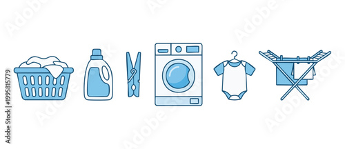 Laundry icons set with washing machine, detergent, clothes basket and drying rack. Household chores and cleaning equipment symbols in simple blue vector outline style for home appliances concept desig