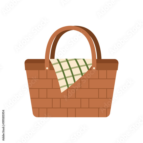 Wicker picnic basket. Outdoor summer lunch, willow basket, garden patio area cartoon vector illustration