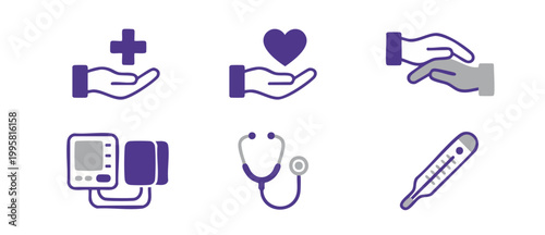 Medical Healthcare Icon Set, Health Care Service Symbols, Clinical Diagnostic Equipment Vectors, Stethoscope Blood Pressure Thermometer Help Icons for Website UI Design and Hospital Professional Brand