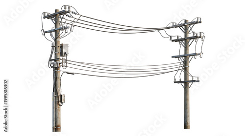 Two utility poles with numerous electrical wires and cables strung between them against a white background.