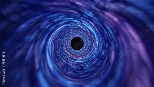 A swirling purple and blue tunnel leads to a black hole center
