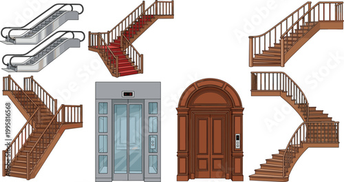 Interior Architectural Element Icon Set Featuring Classic Wooden Staircases With Red Carpet Modern Glass Elevators Escalators and Ornate Arched Double Doors for Building Design and Real Estate Graphic