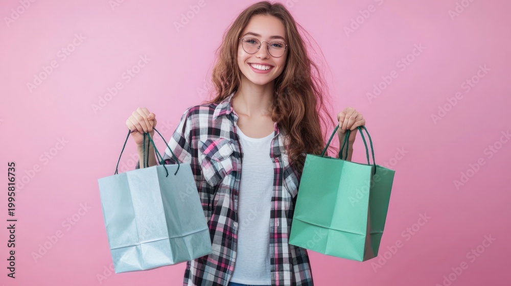 Fototapeta premium Woman holding shopping bags against pink background